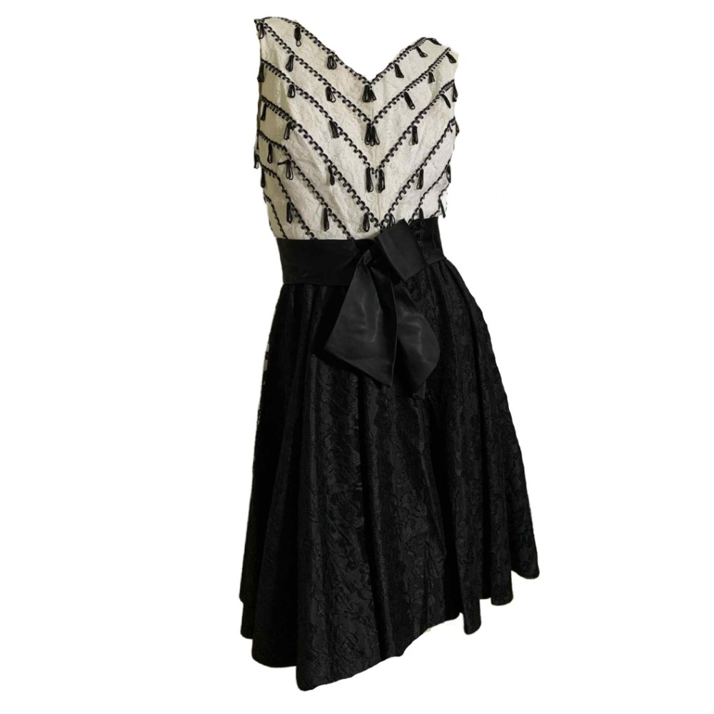 Vintage 1960s Black and White Lace Cocktail Dress Loop Fringed Accent
